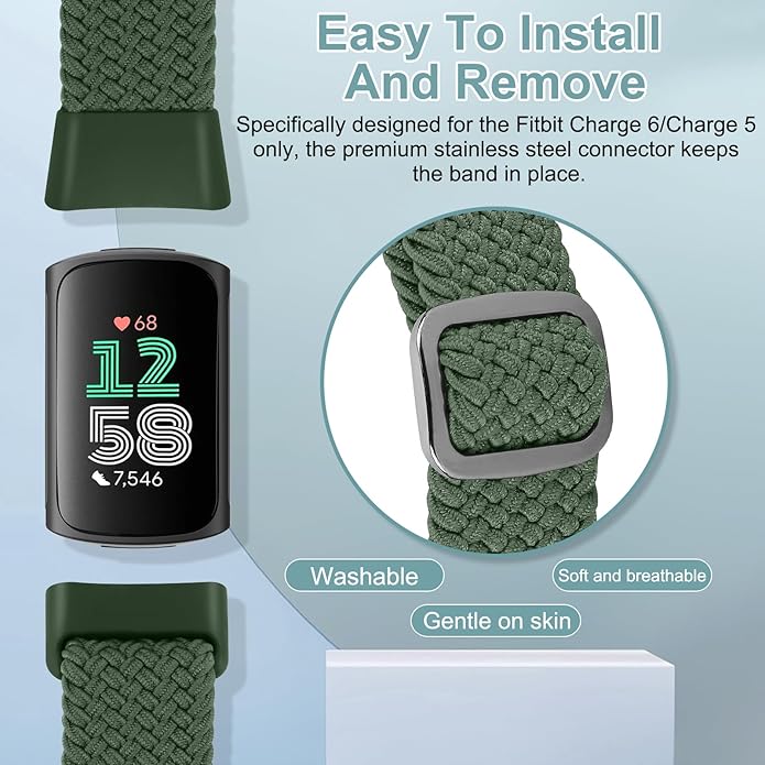 Braided Band Compatible with Fitbit Charge 6/Fitbit Charge 5, Soft Nylon Solo Loop Adjustable Replacement Wristband for Women Men