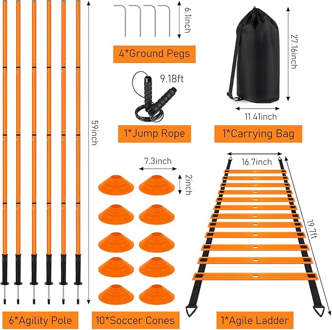 Soccer Agility Training Equipment: 6 Soccer Agility Poles, 20ft Agility Ladder, 10 Soccer Cones, 1 Jump Rope. Soccer Training Poles for Speed Training, Agility Training