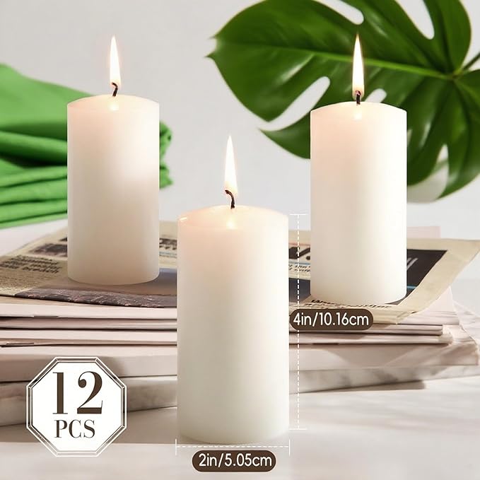 White Pillar Candles - 12 Packs Unscented Wax Pillar Candle, Long-Lasting 30 Hour Burn Time, 2x4 Inch, Elegant Decorative White Candles for Weddings, Centerpiece, Home Decor
