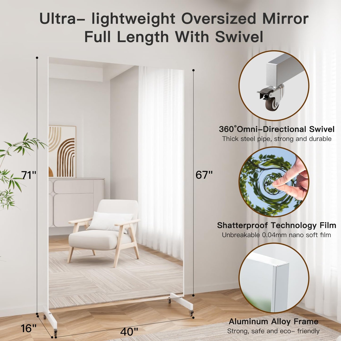 brisafe Rolling Full‑Length Gym Mirror with Wheels, 67" x 40"Oversized Shatterproof Nano Material