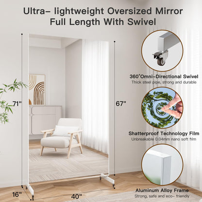 brisafe Rolling Full‑Length Gym Mirror with Wheels, 67" x 40"Oversized Shatterproof Nano Material