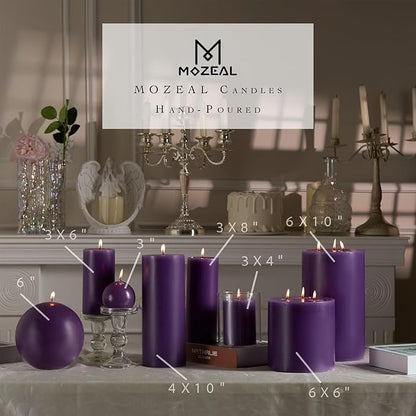 MOZEAL 3" x 6" Hand-Poured Unscented Candle,Dripless Pillar Candle Set of 3,Long Lasting Burning,Approx 120 Hours Burn Time,Rustic Country Style,for Wedding,Dinner,Christmas and Home Decor,Purple