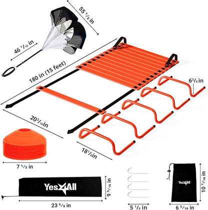 Yes4All Agility Ladder Speed Training Equipment Set - 1 Adjustable Agility Ladder, 12 Soccer Cones, 5 Hurdles, Jump Rope, Running Parachute - Speed & Agility Training Equipment for All Ages