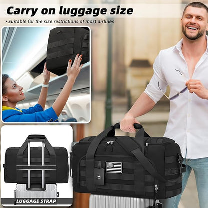 ZOMFELT Tactical Gym Bags for Men, 52L Travel Duffle Bag with Removable Dividers & Innovative Shoe Compartment, 3-in-1 Waterproof MOLLE Gym Duffel Backpack, Airplane Carry-On Approved, Black