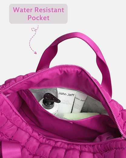 Quilted Duffel Bag for Women, Puffer Gym Duffle Bag with Shoe Compartment Lightweight Large Crossbody Sport Bag Travel Tote Fuchsia