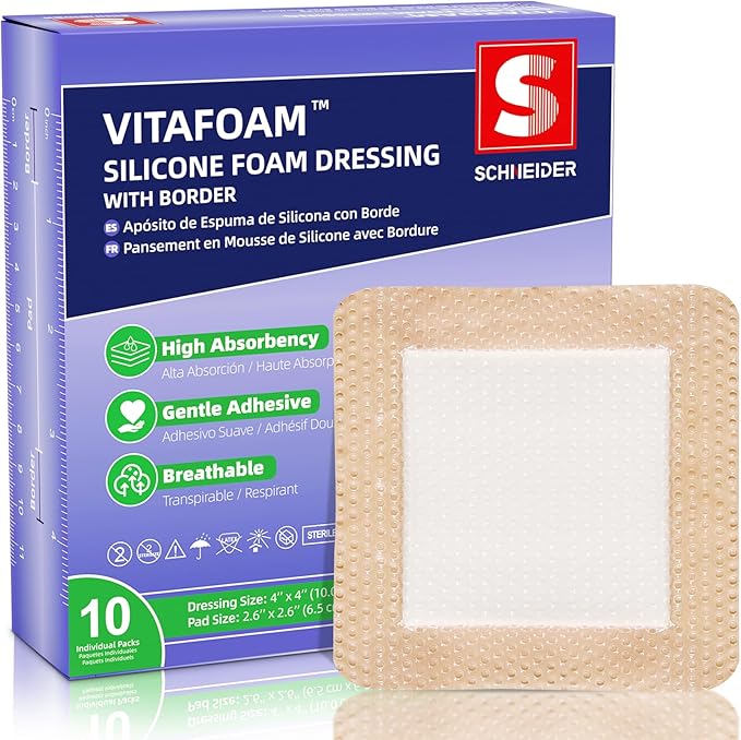Silicone Foam Dressing 4" x 4" with Border, High Absorbency Wound Bandage, Gentle Adhesion, Soft Breathable Silicone Bandages for Wound Care, Pack of 10