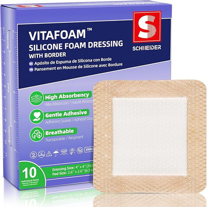 Silicone Foam Dressing 4" x 4" with Border, High Absorbency Wound Bandage, Gentle Adhesion, Soft Breathable Silicone Bandages for Wound Care, Pack of 10