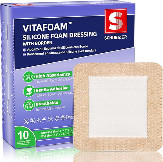 Silicone Foam Dressing 4" x 4" with Border, High Absorbency Wound Bandage, Gentle Adhesion, Soft Breathable Silicone Bandages for Wound Care, Pack of 10