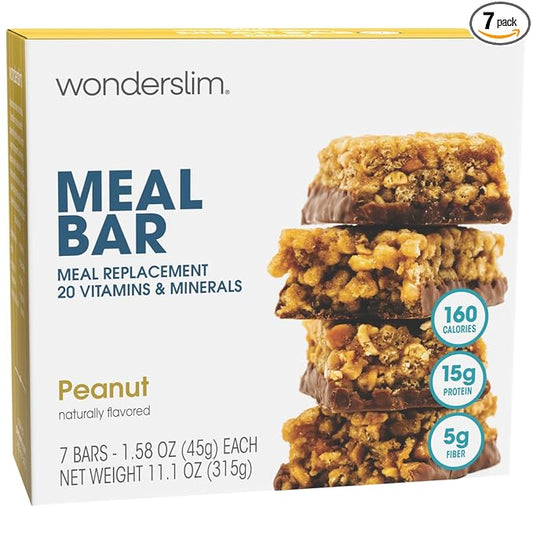 WonderSlim Meal Replacement Protein Bar, Peanut, 15g Protein, 20 Vitamins & Minerals, Gluten Free
