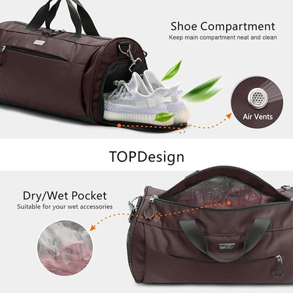 TOPDesign Gym Bag for Women & Men, Unisex Duffel Bag with Shoe Compartment & Wet Pocket for Travel Sports Gym (M Brown)