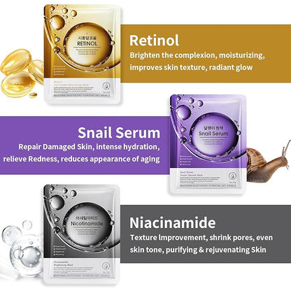 12 Pack Sheet Face Masks Skincare, Collagen Face Mask Hyaluronic Acid Hydrating Face Sheet Masks for Women Skin Care, Vitamin C Face Masks for All Skin Types, Moisturizing, Brightening, Anti-Aging