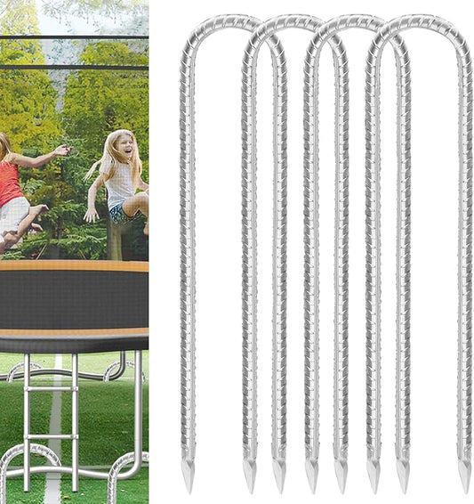 Trampoline Stakes Anchors High Wind 12inx6mm Galvanized U Hook 4pcs Rebar Stakes – Heavy Duty Ground Anchors for Trampoline,Yard & Inflatable,Landscape Metal Stakes for Outdoor Decorations