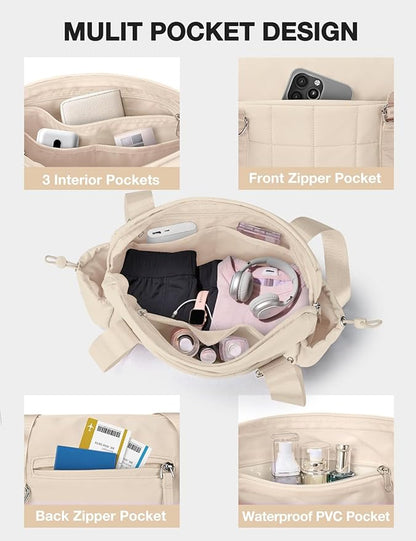 VUUDH Puffy Mini Gym Bag for Women, Carry On Multi-Pocket Water-Resistant Duffel, Lightweight Sports Bag for Fitness, Work, Travel, Daily Commute,Camel