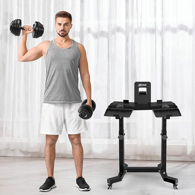 Adjustable Dumbbell Stand - Uboway Weight Stand with 4 Level Height Adjustment, Dumbbell Weight Rack with Tablet Holder and Durable Casters, Weight Holder for Adjustable Dumbbell Set, 2025 Upgrade Design （Bonus Foot Pads）