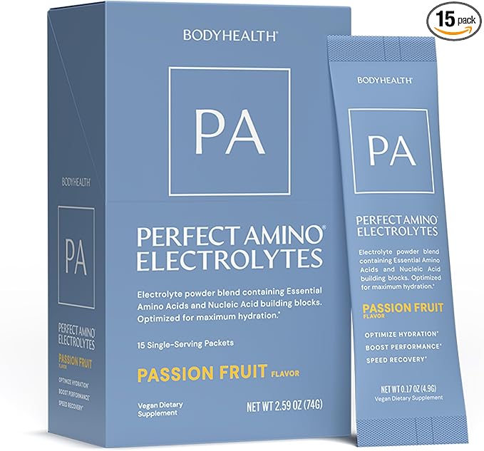 BodyHealth PerfectAmino Electrolyte Drink Mix ??Passionfruit ??No Sugar, Keto & Fasting Friendly, Hydration with Trace Minerals ??Stick Packs