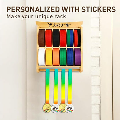 Tilhumt 12 Belts Karate Belt Display Rack with Trophy and Medal Display Rack, Taekwondo Belt Display Rack with Stickers, Martial Arts Belt Display for Kids and Adults