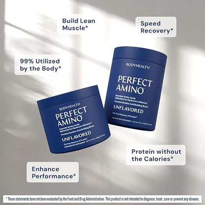 BodyHealth PerfectAmino Powder - BCAA and EAA Powder for Pre and Post Workout - Amino Acid Energy Drink for Men and Women to Support Lean Muscle and Recovery - Unflavored - 60 Servings