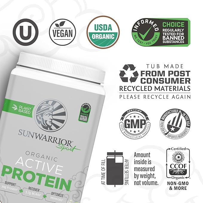Sunwarrior Organic Plant Based Protein Powder | Vegan Organic Protein Powder with BCAA Amino Acids Plus Recovery Minerals & Botanicals | Non-GMO Soy Dairy & Gluten Free (Unflavored, 20 Servings)