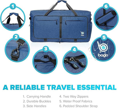 Bago Large Foldable Duffel Bags for Traveling Women & Men - 100L Packable Duffle Bag for Travel with Shoe Compartment - Water Repellant, Heavy Duty, Lightweight Folding & Collapsible (SnowDepBlue)