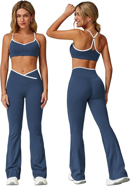 ABOCIW Workout Sets for Women 2 Piece Color Block Strappy Sports Bra High Waist Leggings Gym Yoga Pilates Outfits