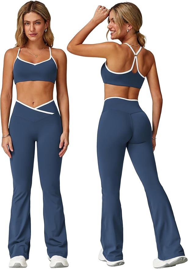 ABOCIW Workout Sets for Women 2 Piece Color Block Strappy Sports Bra High Waist Leggings Gym Yoga Pilates Outfits