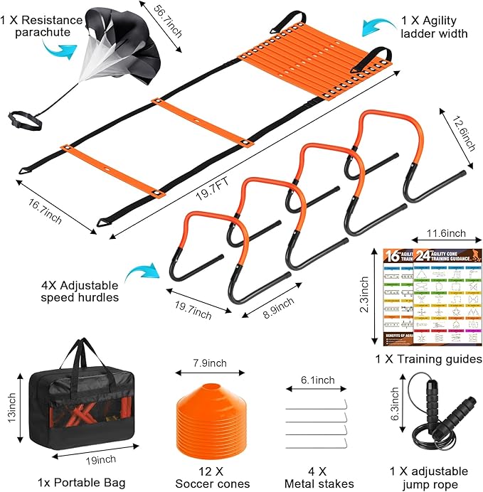 Soccer Training Equipment, Agility Speed Training Set with 20ft Speed Ladder, 12 Cones, 4 Adjustable Hurdles, Jump Rope, Parachute | Ideal for Basketball, Football Practise, for Kids, Youth, Adults