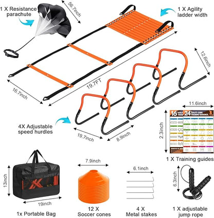 Soccer Training Equipment, Agility Speed Training Set with 20ft Speed Ladder, 12 Cones, 4 Adjustable Hurdles, Jump Rope, Parachute | Ideal for Basketball, Football Practise, for Kids, Youth, Adults