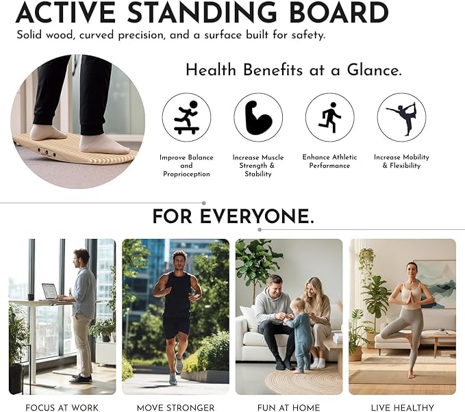 Adult Balance Board for Standing Desk - Anti-Fatigue 360° Rocker Wobble Board for Exercise, Focus & Movement - Sustainable Anti-Slip Flat Standing Board to Simulate Surfing, Skiing & Skateboarding