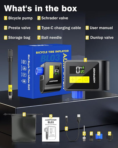 Auxpower BL03 Bicycle Pump with Pressure Gauge, 120PSI Electric Bike Pump with Presta and Schrader Valve, Auto Stop, Outdoor Camping Cycling Pump for Road, Mountain, E-Bike and Sports Balls