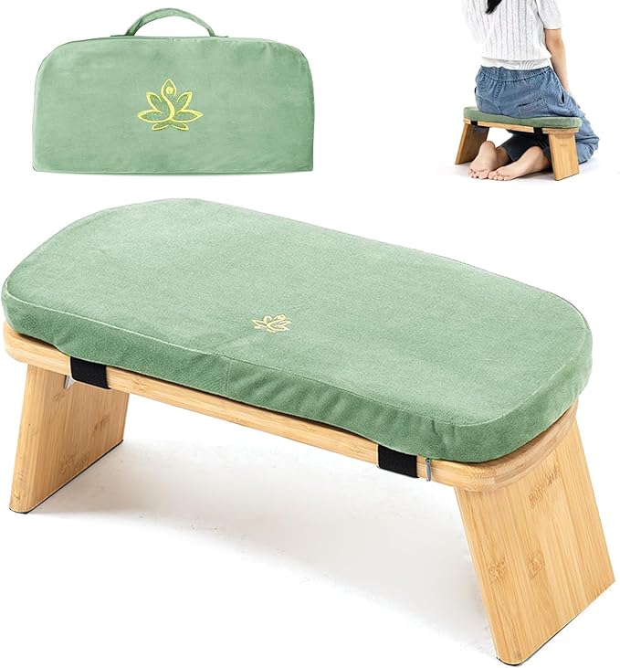 Meditation Bench, Bamboo Meditation Stool, Folding Kneeling Meditation Bench, Seiza Prayer Bench, Prayer Bench with Meditation Cushion, Kneeling Stool (Green & Bag)