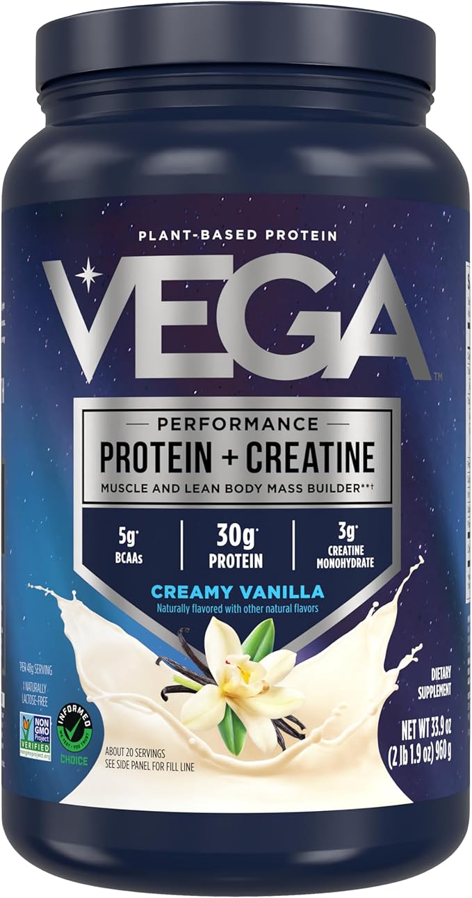 Vega Protein + Creatine - 30g Plant-Based Protein, Vanilla, 20 Servings, 3g Creatine, 5g BCAAs, Vegan, Keto, Gluten Free, Dairy Free, Low Carb, for Muscle Growth & Repair, Drink Mix, 33.9oz