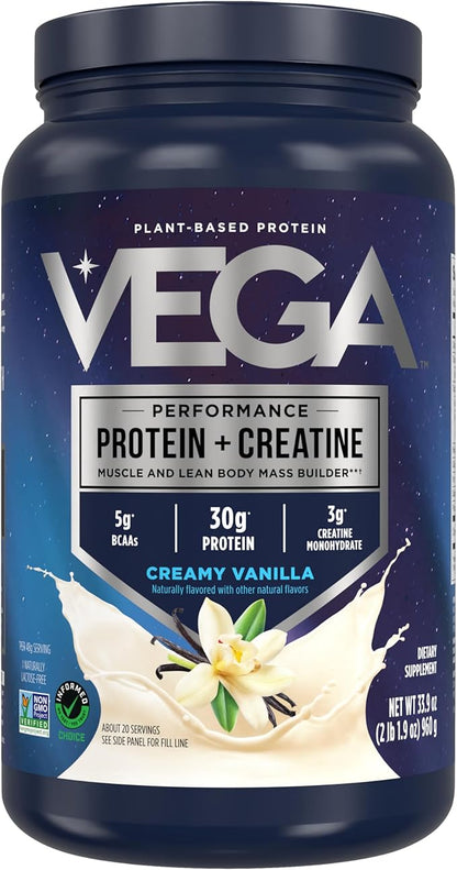 Vega Protein + Creatine - 30g Plant-Based Protein, Vanilla, 20 Servings, 3g Creatine, 5g BCAAs, Vegan, Keto, Gluten Free, Dairy Free, Low Carb, for Muscle Growth & Repair, Drink Mix, 33.9oz