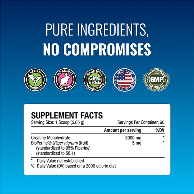Approved Science Creatine Monohydrate Powder with BioPerine - Supports Lean Muscle Growth and Recovery - 60 Servings - 5g Per Serving - Unflavored - Non-GMO, Vegan