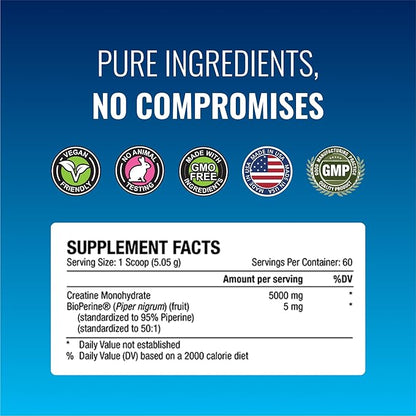 Approved Science Creatine Monohydrate Powder with BioPerine - Supports Lean Muscle Growth and Recovery - 60 Servings - 5g Per Serving - Unflavored - Non-GMO, Vegan