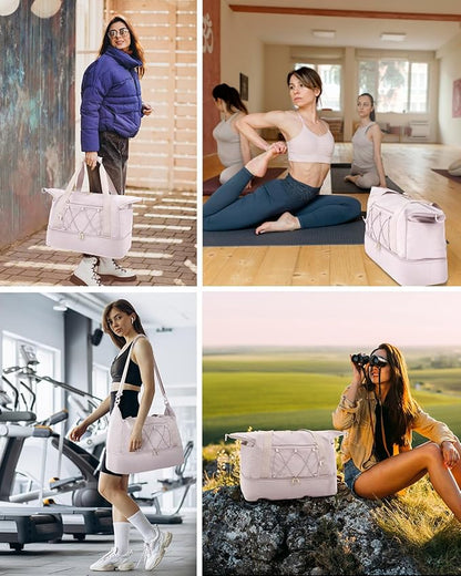 sportsnew Gym Travel Bag for Women, Large Travel Duffel with Shoe Compartment and Wet Pocket, Water Resistant Weekender Overnight Carry on Sports Tote Bags, Beige,Patent Pending