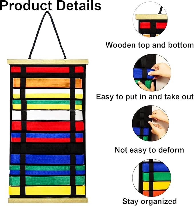 12Belts Karate Belt Display Rack with Wooden Frame,Felt Taekwondo Belt Display,Martial Art Belt Display Holder for Martial Art Learner,Easy to Use（Fashion）