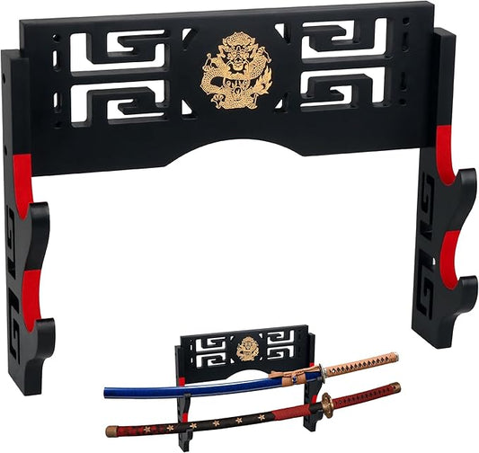 Sword Display Katana Wall Mount, 2-Tier Samurai Sword Katana Holder Stand with Velvet Padded Hook & Dragon Pattern, Sword Rack for Wakizashi Samurai Lightsaber