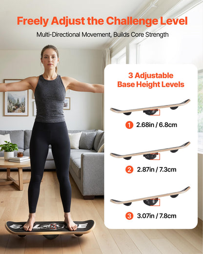 VEVOR Balance Board, Wobble Board Trainer for Adults 3-Level Adjustable Base, Premium Wooden