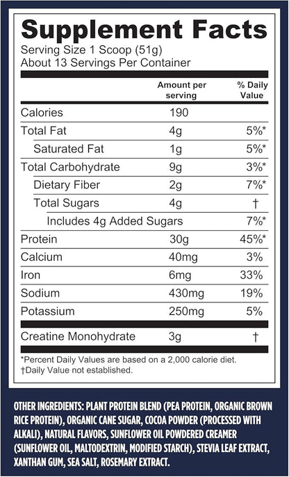 Vega Protein + Creatine - 30g Plant-Based Protein, Chocolate, 13 Servings, 3g Creatine, 5g BCAAs, Vegan, Keto, Gluten Free, Dairy Free, Low Carb, for Muscle Growth & Repair, Drink Mix, 23.4oz