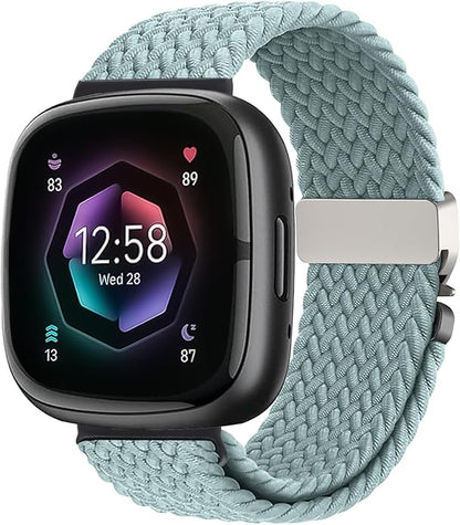 Braided Stretchy Band for Fitbit Versa 4/Versa 3/Sense 2/Sense Watch Band Women Men,Parachute-style Buckle Nylon Sport Wristband Soft Fabric Elastic Loop Strap Accessories for Versa 4/3