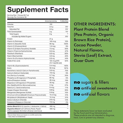 Kick Plant Protein Powder, Chocolate Flavor, 20 G Protein, Gluten Free Workout Supplement with Aminos Acids to Support Fitness Goals & Gut Health, No Sugar, No Artificial Flavors, 28 Servings
