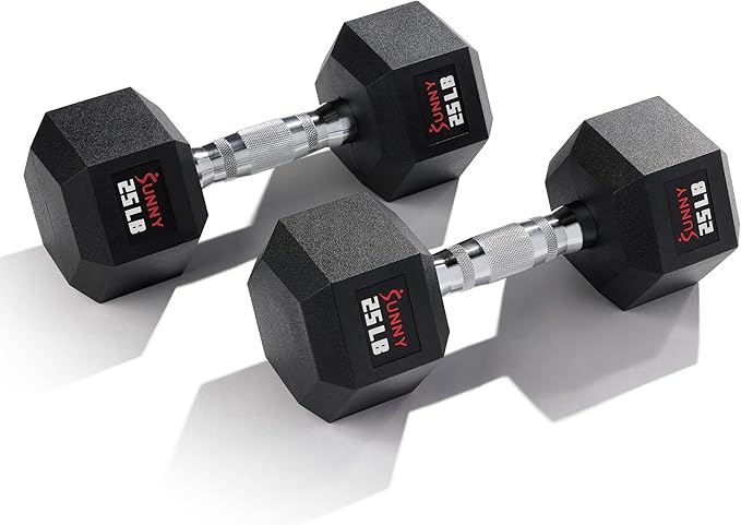 Sunny Health & Fitness Hex Style Dumbbell 5 LBS TO 50 LBS Chrome Handles, Hand Weight for Strength Training, Home Gym, Exercise, Workout Equipment Multiple Size Options