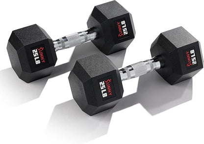 Sunny Health & Fitness Hex Style Dumbbell 5 LBS TO 50 LBS Chrome Handles, Hand Weight for Strength Training, Home Gym, Exercise, Workout Equipment Multiple Size Options