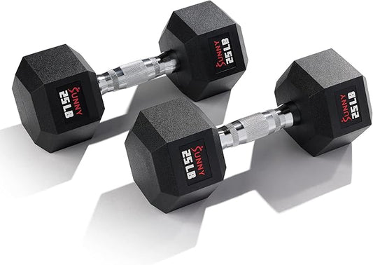 Sunny Health & Fitness Hex Style Dumbbell 5 LBS TO 50 LBS Chrome Handles, Hand Weight for Strength Training, Home Gym, Exercise, Workout Equipment Multiple Size Options