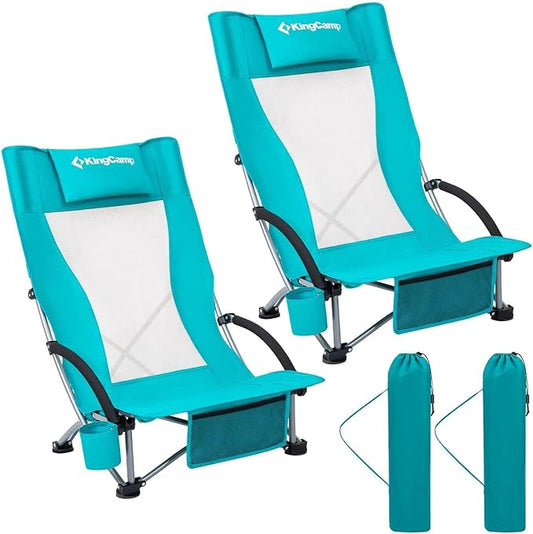 KingCamp Low Beach Chairs, Portable Folding Chair for Adults Extra Wide Ergonomic High Back Seat