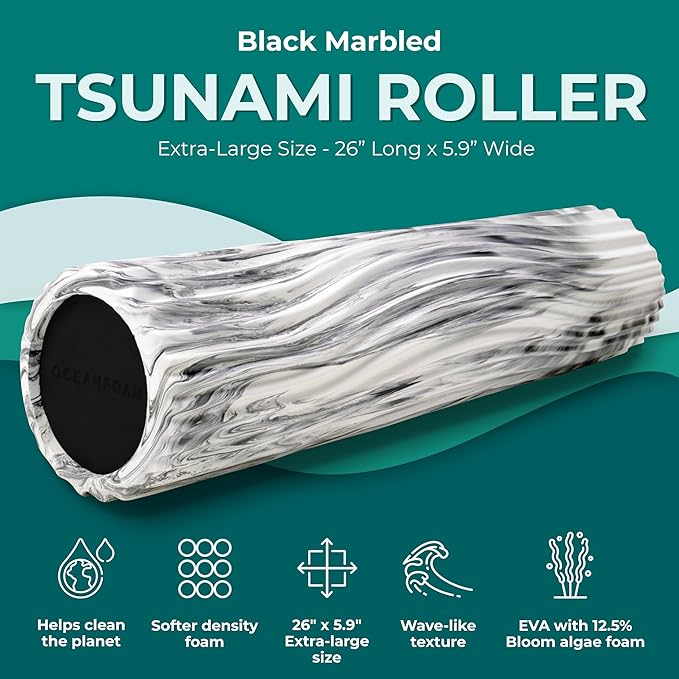 Oceanfoam Tsunami Roller (Black Marbled) - Soft, Textured Foam Roller for Physical Therapy, Back Pain, Excercise & Stretching - Wave Textured - Yoga, Athletics, Wellness - Extra-Large 26" x 5.9"