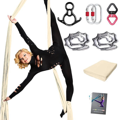 PRIOR FITNESS Aerial Silks Set, Professional Thicker Low Stretch Fabric 9/15/20 Yards Aerial Silk Swing Set with Hardware Guide, Yoga Starter Kit For Home, Aerial Yoga Hammock, Silks for Gymnastics, Antigravity Yoga, Inversion Exercise-All Levels