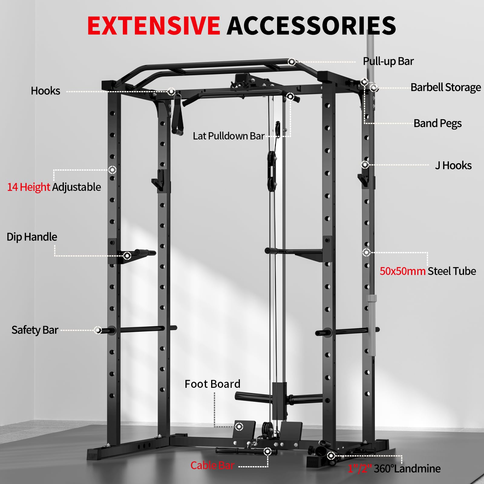 JEEKEE Power Rack with LAT Pulldown, 2000LBS Power Cage with Cable System, Multi-Function Squat