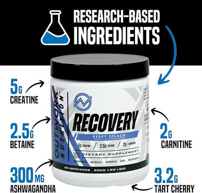 Outwork Nutrition Post Workout Recovery Powder - Creatine Monohydrate, KSM-66 Ashwagandha & Tart Cherry - Speeds Recovery, Eases Soreness - Creatine Powder for Men & Women, Berry Splash, 240 Gr