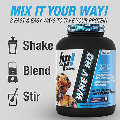 BPI Sports Whey HD Ultra Premium Protein Powder Isolate | Workout Whey Protein Powder for Men & Women for Muscle Gain | Milk Protein Concentrates | Blueberry Muffin, 4.07 Pound